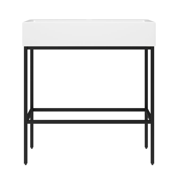 Black Ceramic Wall-Mount Console Bathroom Sink with Stainless Steel Bracket