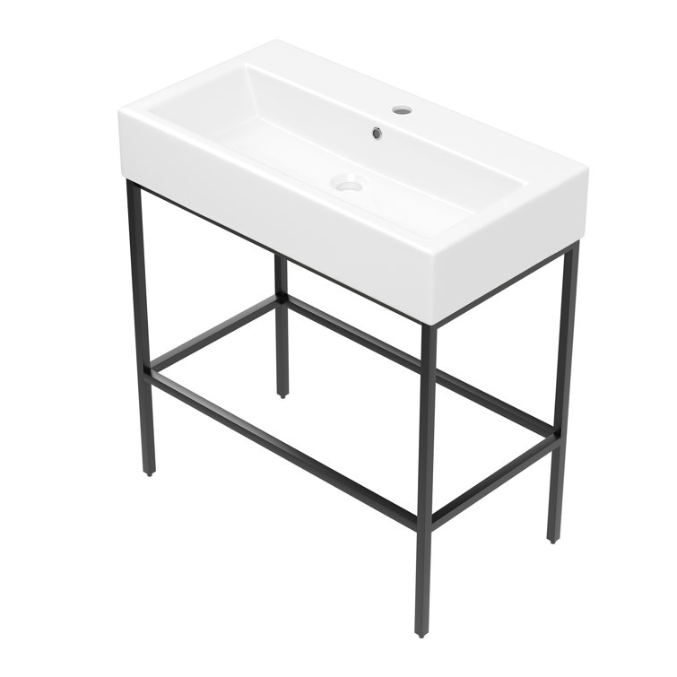 Black Ceramic Wall-Mount Console Bathroom Sink with Stainless Steel Bracket