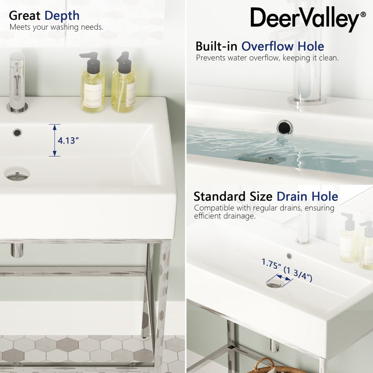 Silver Ceramic Wall-Mount Console Bathroom Sink with Overflow