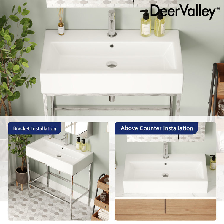 Silver Ceramic Wall-Mount Console Bathroom Sink with Overflow