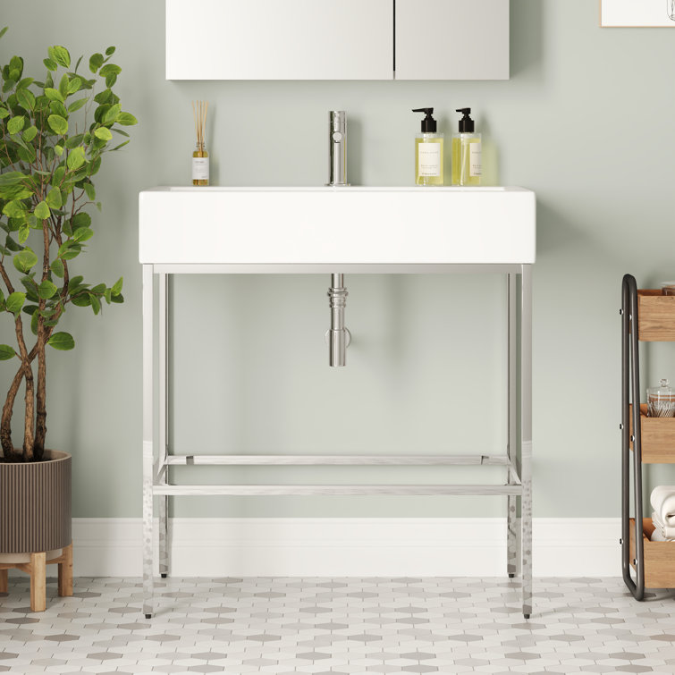 Silver Ceramic Wall-Mount Console Bathroom Sink with Overflow