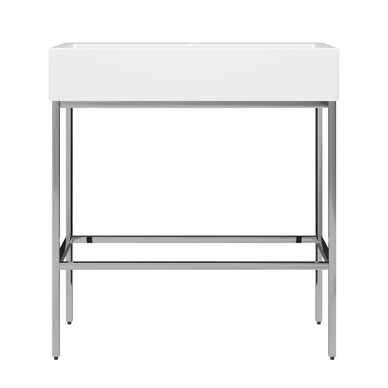 Silver Ceramic Wall-Mount Console Bathroom Sink with Overflow