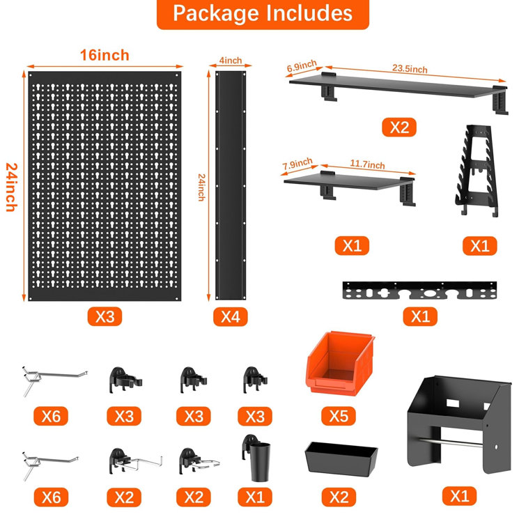 Black Metal Pegboard Wall Organizer with Red Storage Bins, 4ft Wide