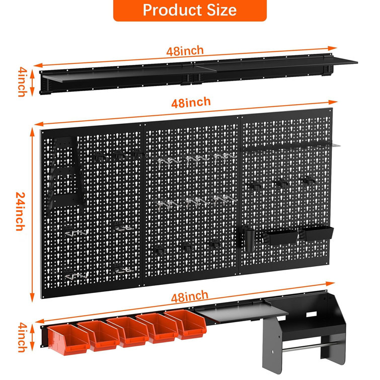 Black Metal Pegboard Wall Organizer with Red Storage Bins, 4ft Wide