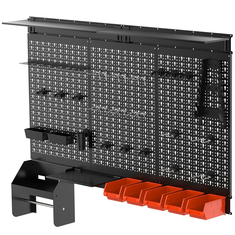 Black Metal Pegboard Wall Organizer with Red Storage Bins, 4ft Wide