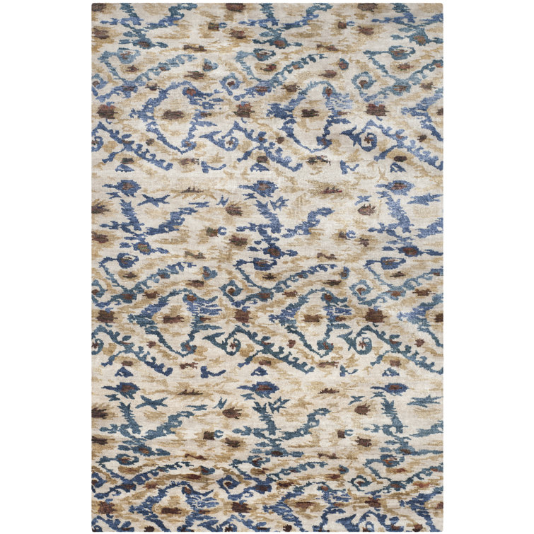 Luxor Blue and Beige Hand-Knotted Silk 6' x 9' Rug