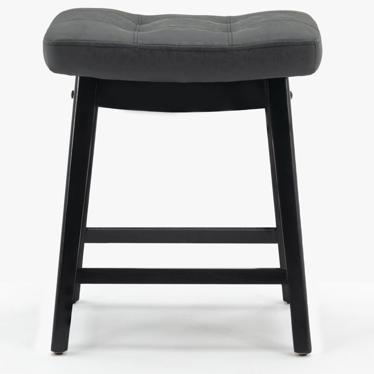 24" Black Faux Leather Saddle Bar Stool with Solid Wood Frame