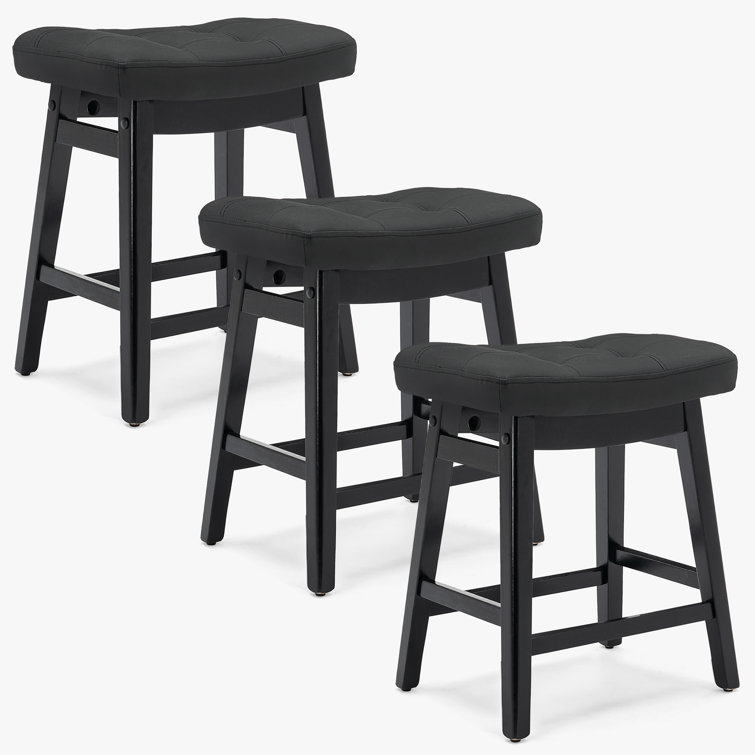 24" Black Faux Leather Saddle Bar Stool with Solid Wood Frame