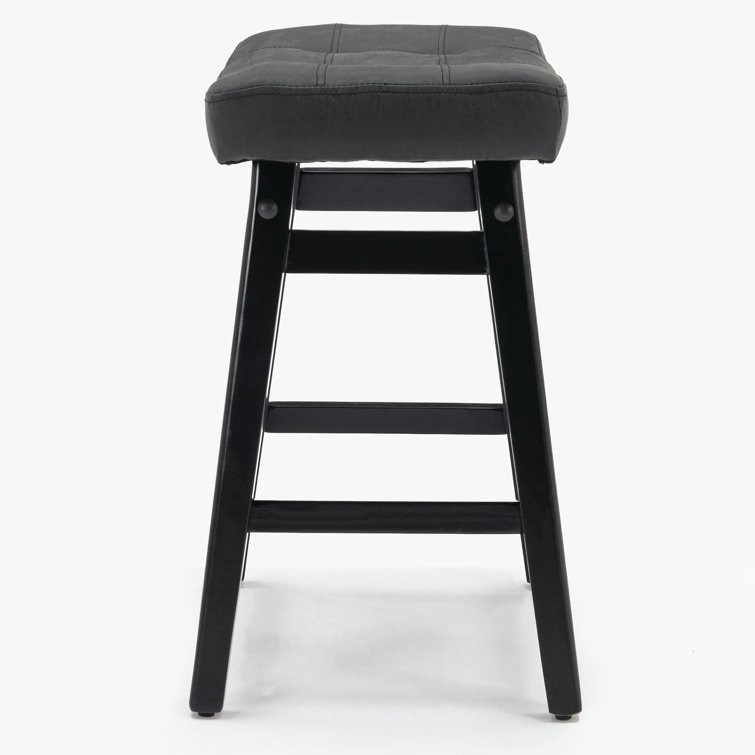 24" Black Faux Leather Saddle Bar Stool with Solid Wood Frame