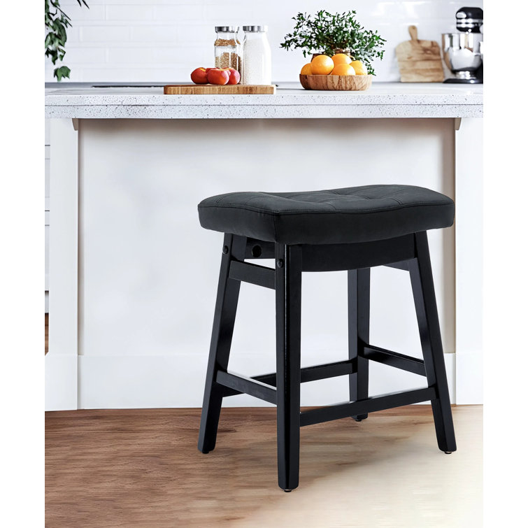 24" Black Faux Leather Saddle Bar Stool with Solid Wood Frame