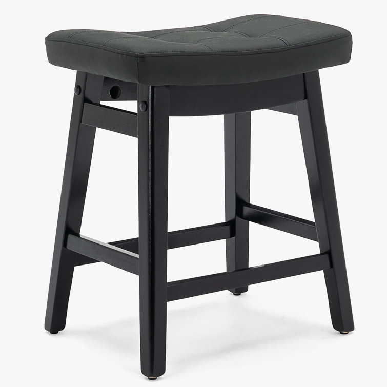 24" Black Faux Leather Saddle Bar Stool with Solid Wood Frame