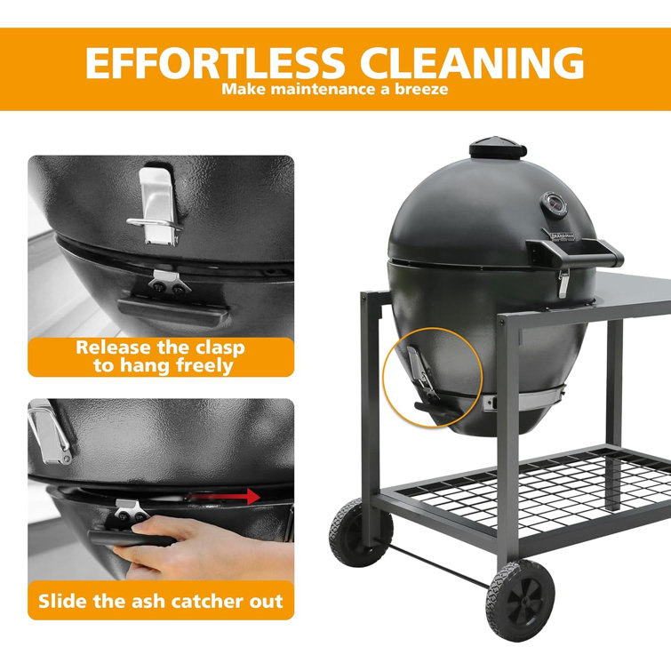Rodeo Deluxe Black Steel Kamado Charcoal Grill with Prep Cart