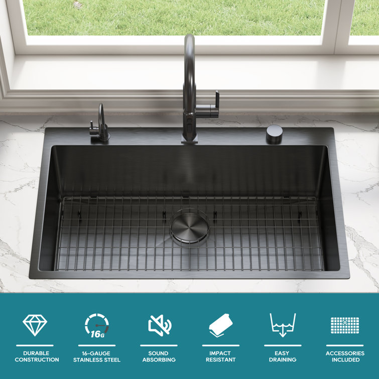 33" Gunmetal Black Stainless Steel Single Bowl Drop-In Kitchen Sink