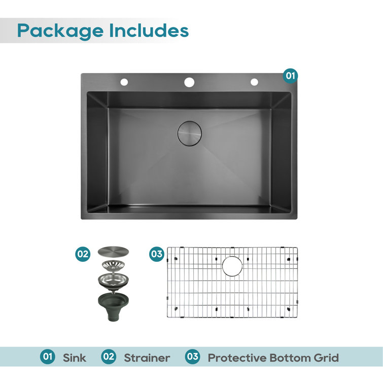 33" Gunmetal Black Stainless Steel Single Bowl Drop-In Kitchen Sink