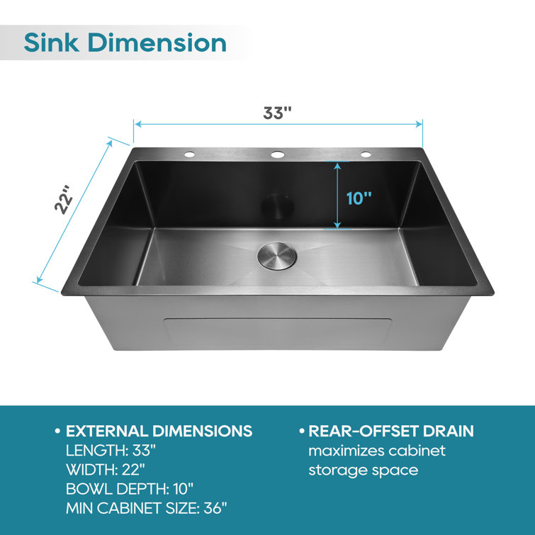 33" Gunmetal Black Stainless Steel Single Bowl Drop-In Kitchen Sink