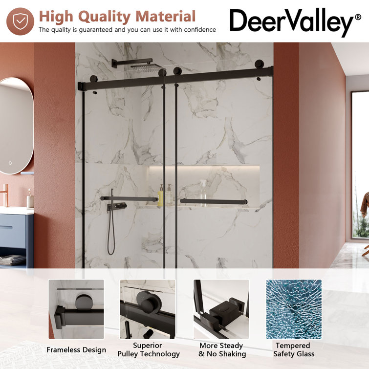 Black Frameless Double Sliding Shower Door with Tempered Glass