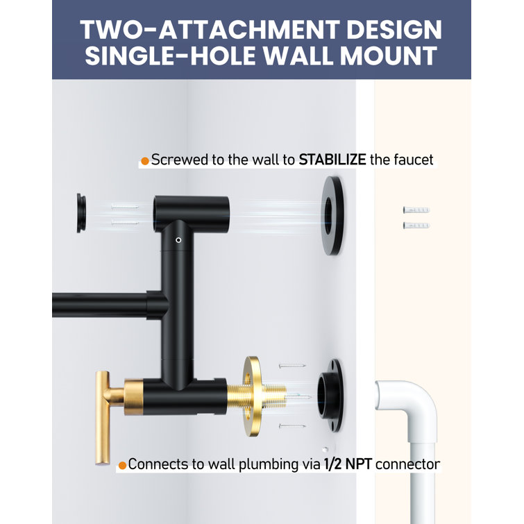 Black and Gold Brass Wall Mounted Pot Filler with Double Handle