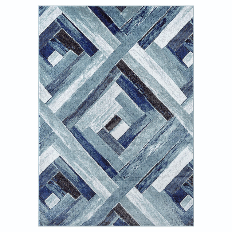 Modern Geometric Blue and Gray Synthetic Area Rug