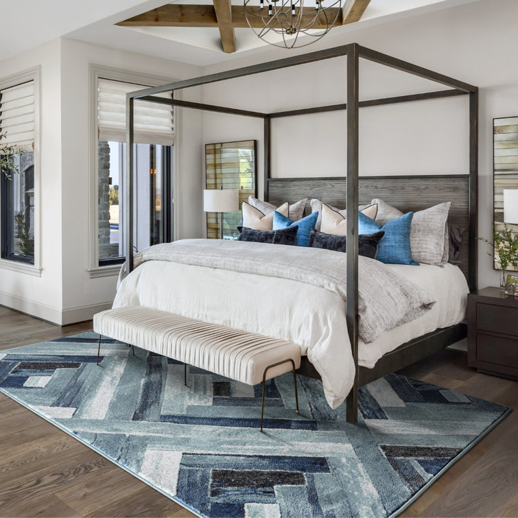 Modern Geometric Blue and Gray Synthetic Area Rug