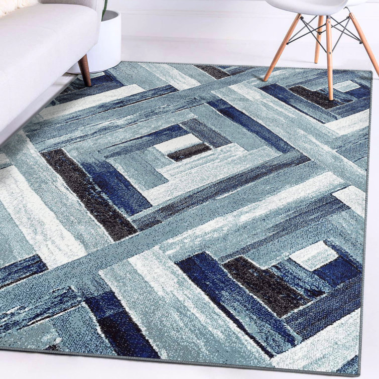 Modern Geometric Blue and Gray Synthetic Area Rug