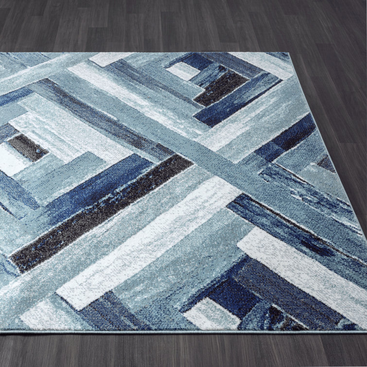 Modern Geometric Blue and Gray Synthetic Area Rug