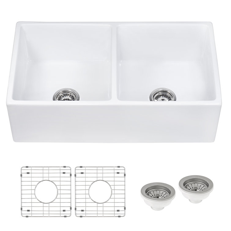 39" White Fireclay Double Bowl Farmhouse Sink