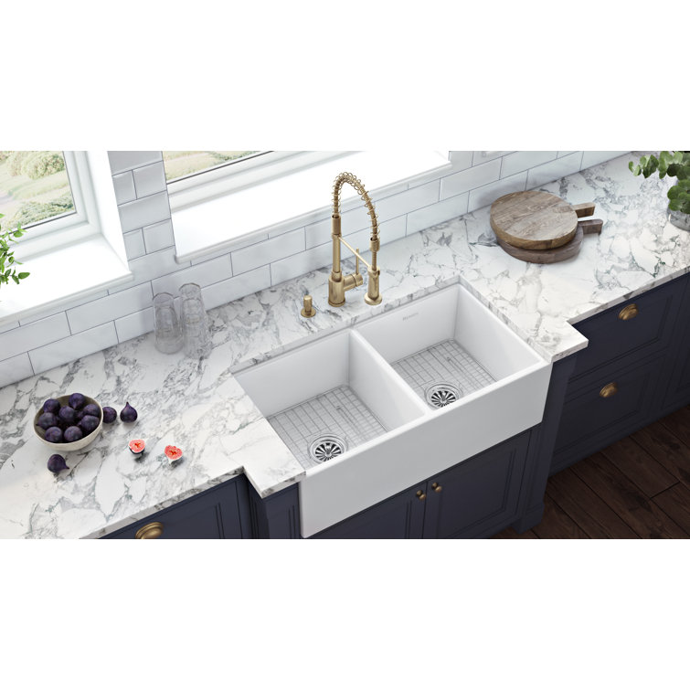 39" White Fireclay Double Bowl Farmhouse Sink
