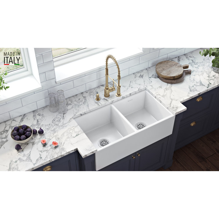 39" White Fireclay Double Bowl Farmhouse Sink