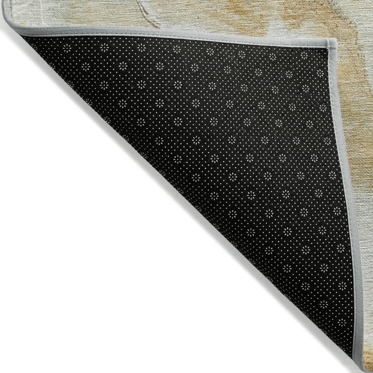 Gold and Beige Abstract Washable Synthetic Area Rug