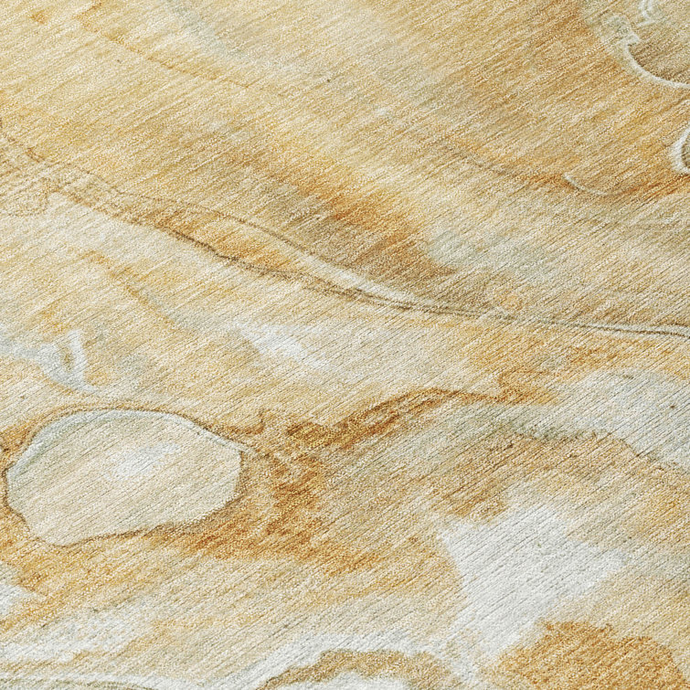 Gold and Beige Abstract Washable Synthetic Area Rug