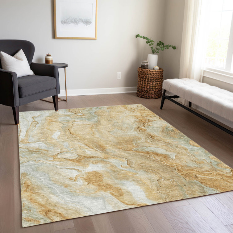 Gold and Beige Abstract Washable Synthetic Area Rug