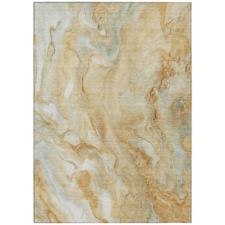 Gold and Beige Abstract Washable Synthetic Area Rug
