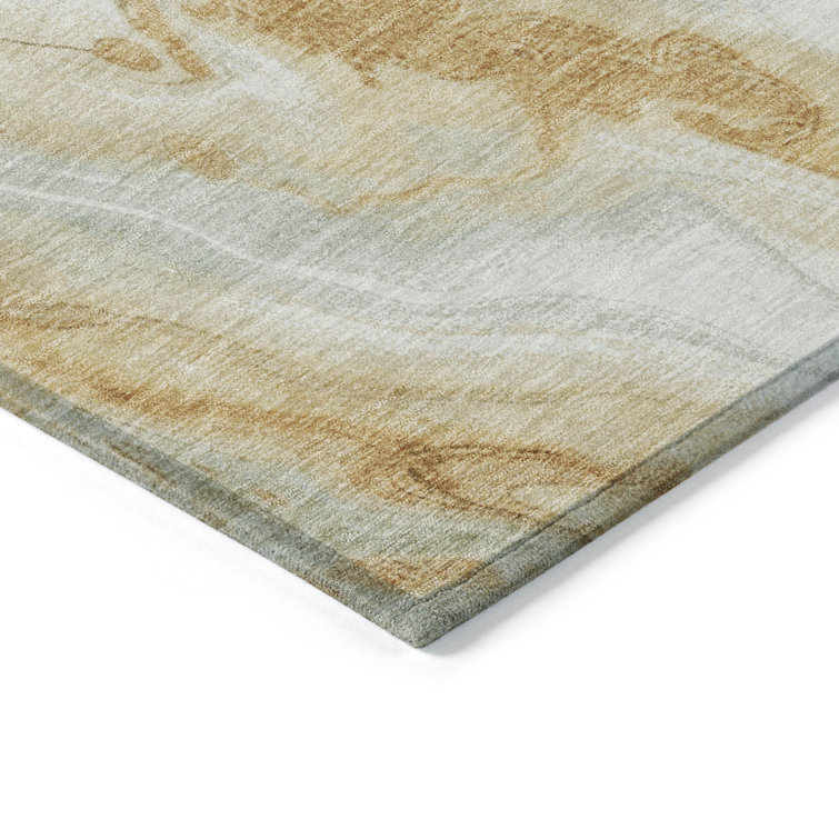 Gold and Beige Abstract Washable Synthetic Area Rug