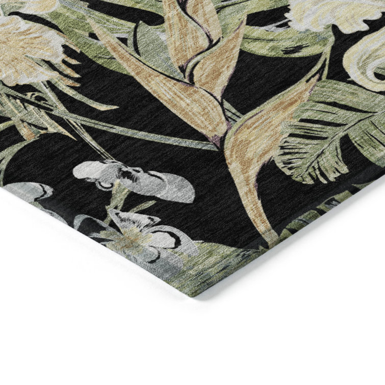 Addison 3' x 5' Black Synthetic Floral Washable Rug