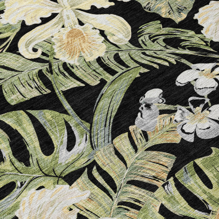 Addison 3' x 5' Black Synthetic Floral Washable Rug