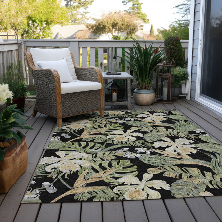 Addison 3' x 5' Black Synthetic Floral Washable Rug