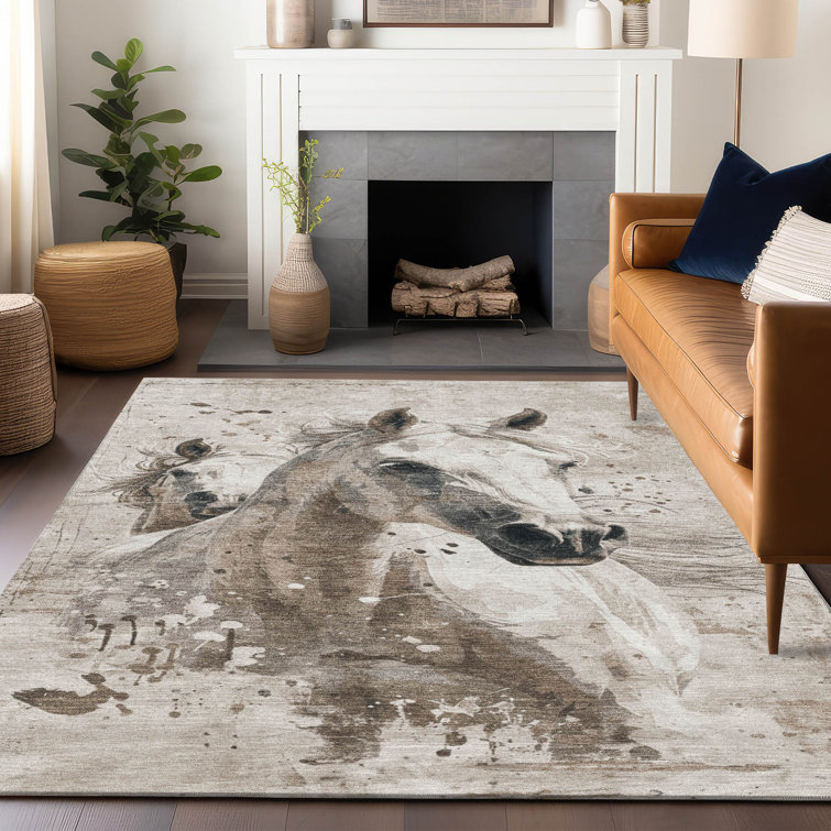 Ivory and Brown Horse Design Washable Synthetic Rug