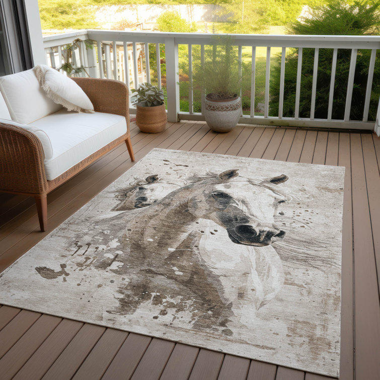 Ivory and Brown Horse Design Washable Synthetic Rug