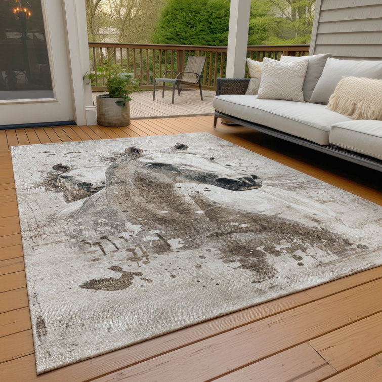 Ivory and Brown Horse Design Washable Synthetic Rug