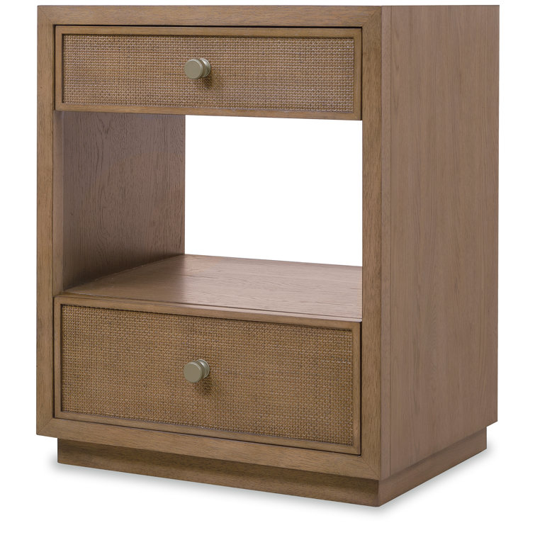 Light Brown Oak and Cane 2-Drawer Nightstand