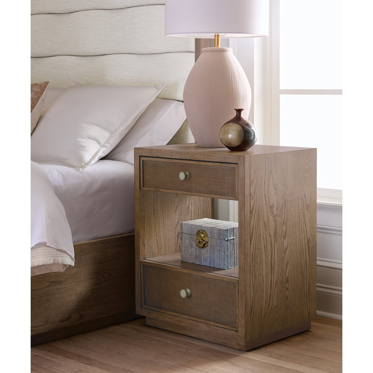 Light Brown Oak and Cane 2-Drawer Nightstand