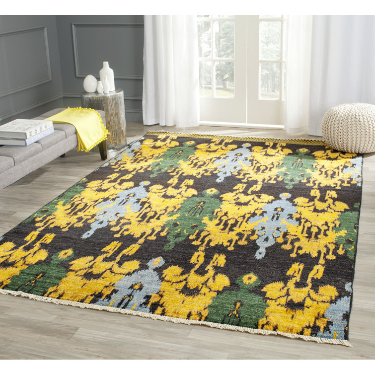 Elegant Hand-Knotted Black and Gold Wool Stripe Rug, 9' x 12'