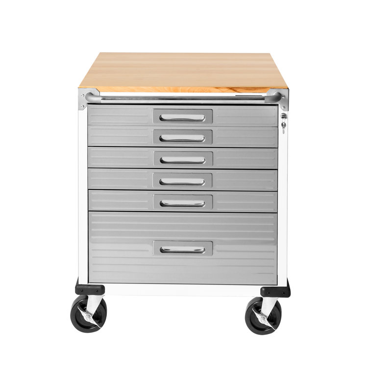 White Heavy-Duty Steel 6-Drawer Rolling Cabinet with Wood Top