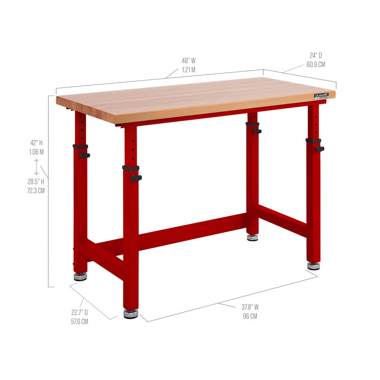 Red Adjustable Height Workbench with Solid Wood Top