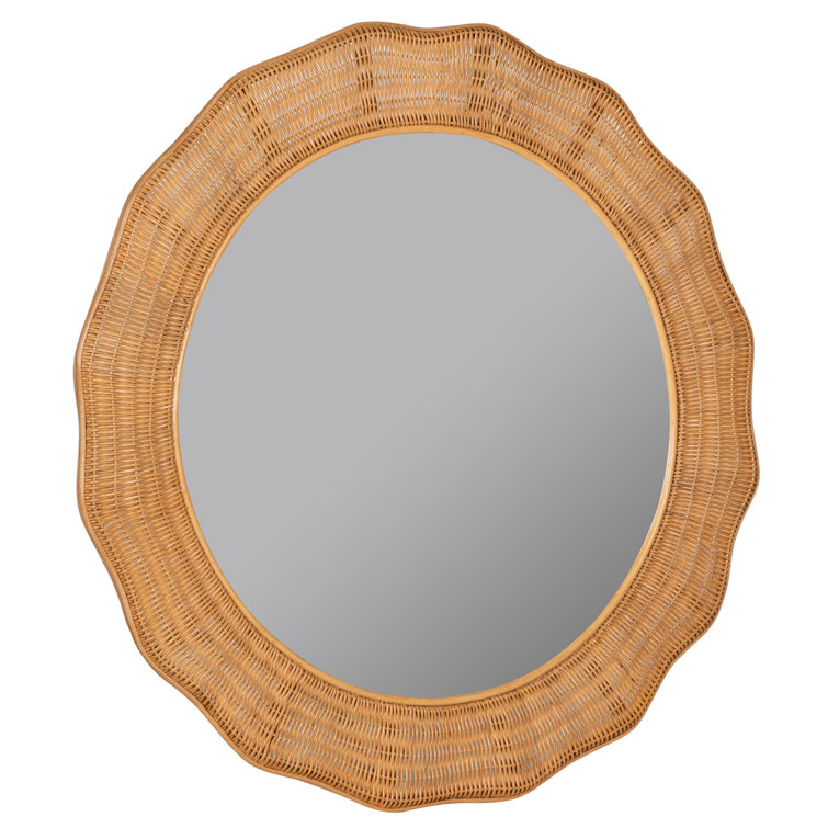 Natural Round Rattan Wall Mirror with Undulating Silhouette