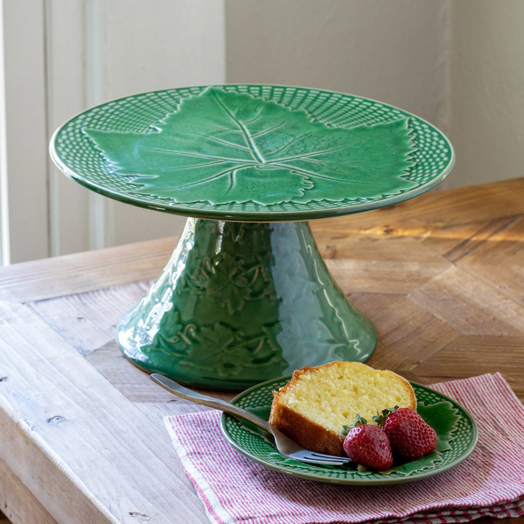 Green Ceramic Pedestal Cake Stand with Leaf Design