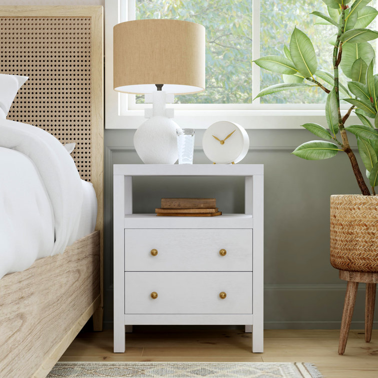White Acacia Wood 2-Drawer Nightstand with Gold Pulls