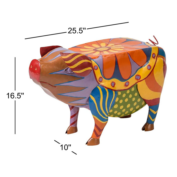 Colorful Folk Art Pig Metal Outdoor Side Table