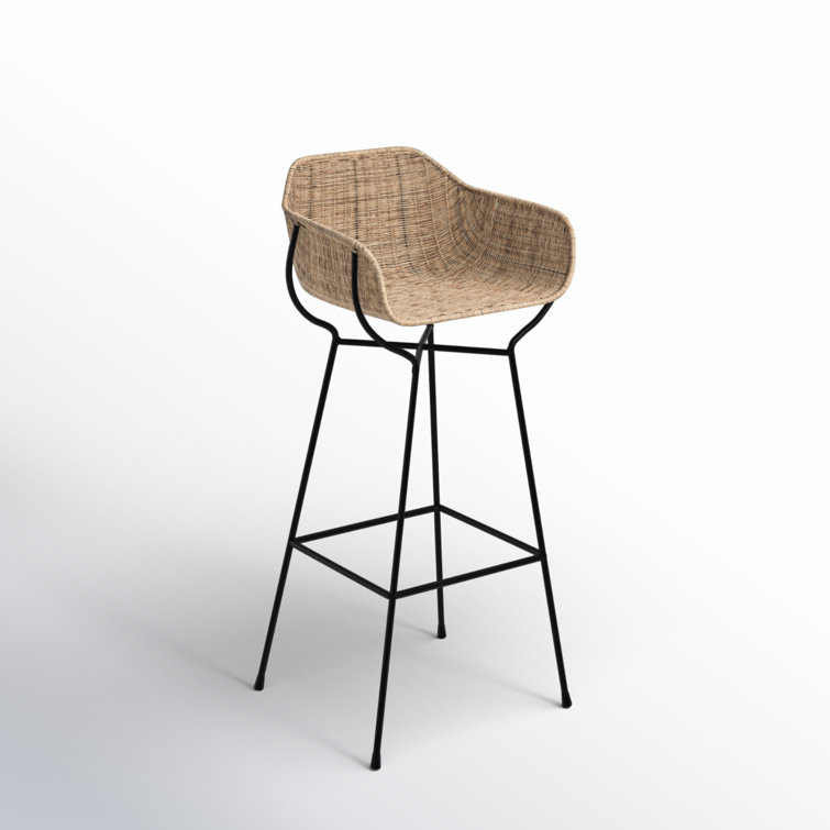 Woven Rattan and Black Metal Bohemian Bar Stool