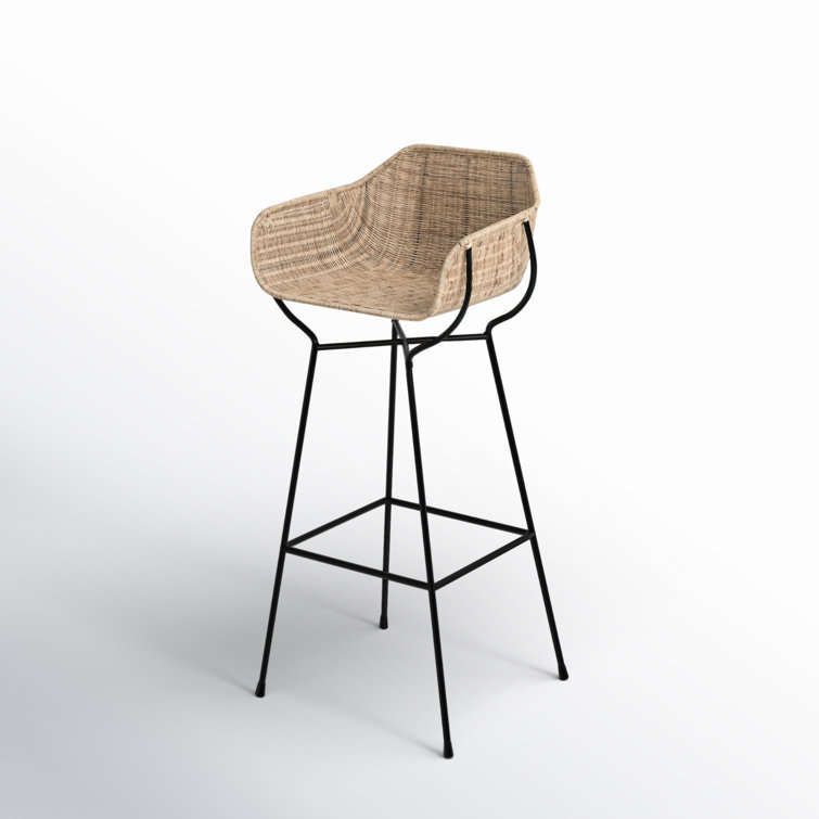 Woven Rattan and Black Metal Bohemian Bar Stool
